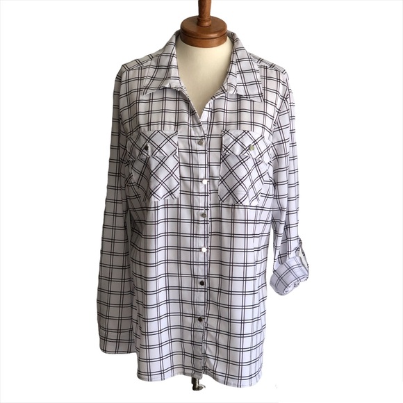 NWT Notations Button Down Blouse, White/Black Plaid, Sz XL - Picture 1 of 8